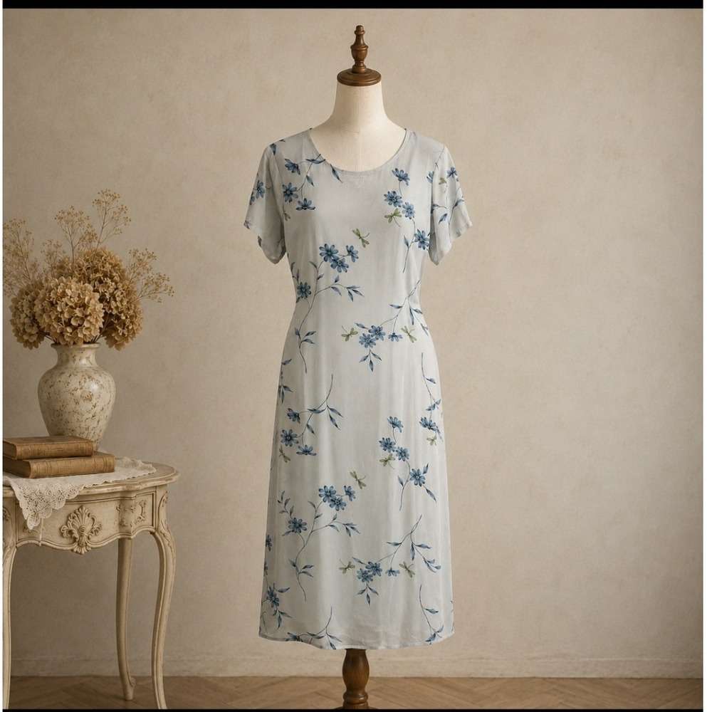 Vintage Y2K Kamali & Co Light Blue Floral Tie Back Midi Dress M Fairycore Pastel
